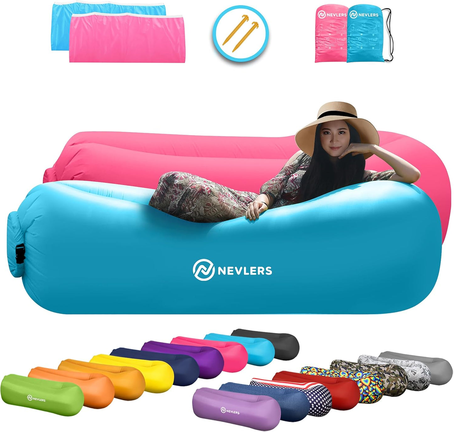 2 Pack Inflatable Loungers Air Sofa Couch | Perfect for Beach Chair Camping Chairs or Portable Hammock |Travel Bag Pouch, Pegs & 3 Pockets| Movie Seating & Camping Accessories Blow up Lounger