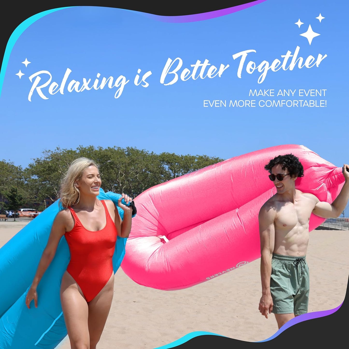 2 Pack Inflatable Loungers Air Sofa Couch | Perfect for Beach Chair Camping Chairs or Portable Hammock |Travel Bag Pouch, Pegs & 3 Pockets| Movie Seating & Camping Accessories Blow up Lounger