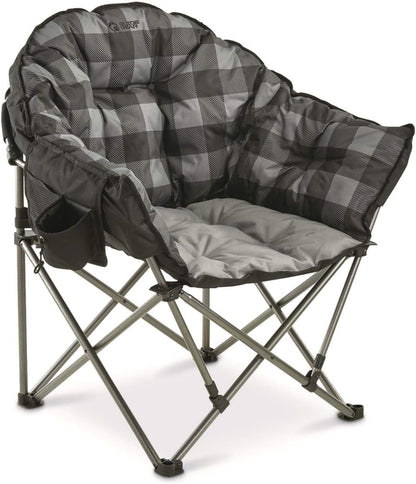 Club Camping Chair, Oversized, Portable, Folding with Padded Seats, 500-Lb. Capacity Gray Plaid